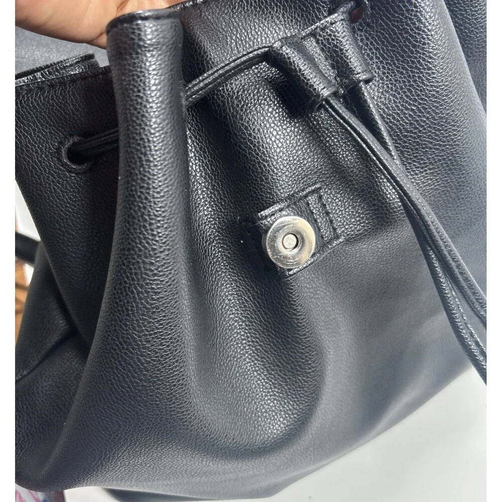 Victoria's Secret Backpack Purse Tote Black Faux Leather Drawstring 14